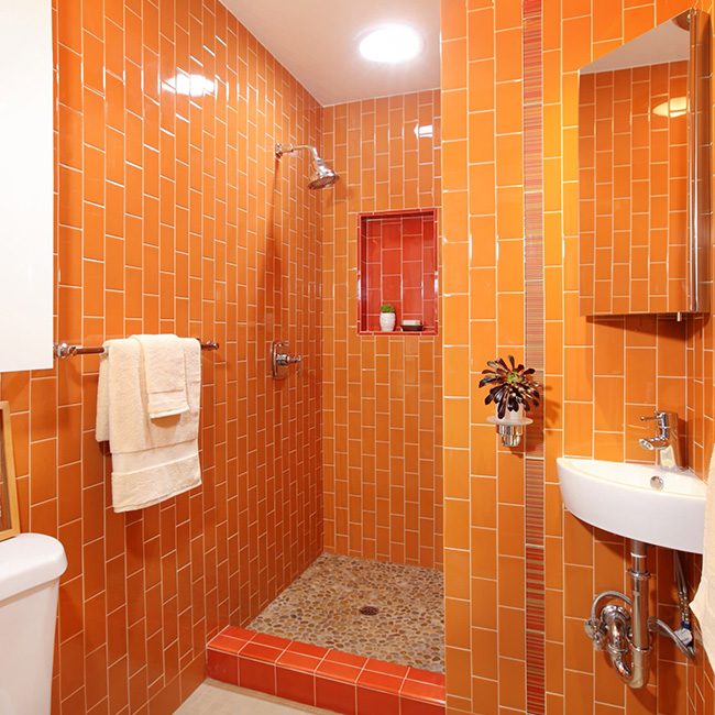 Bathroom Shower with Orange Tiles