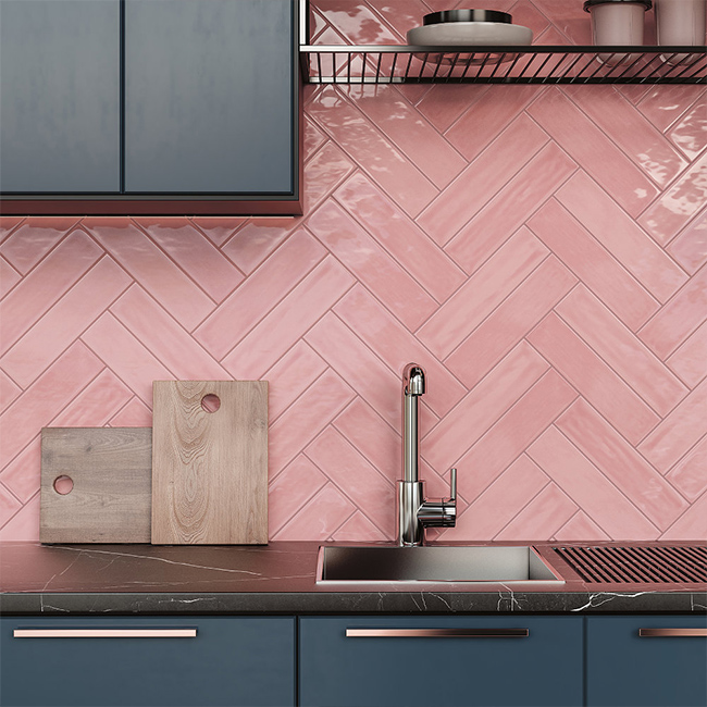 Modern Kitchen Design with Painted Pink Chevron Tiles