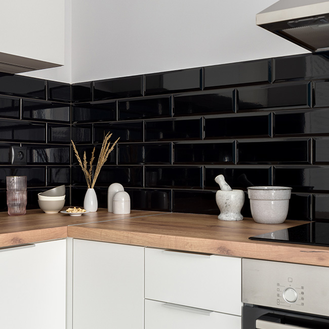 Modern Kitchen with Black Gloss Tiles