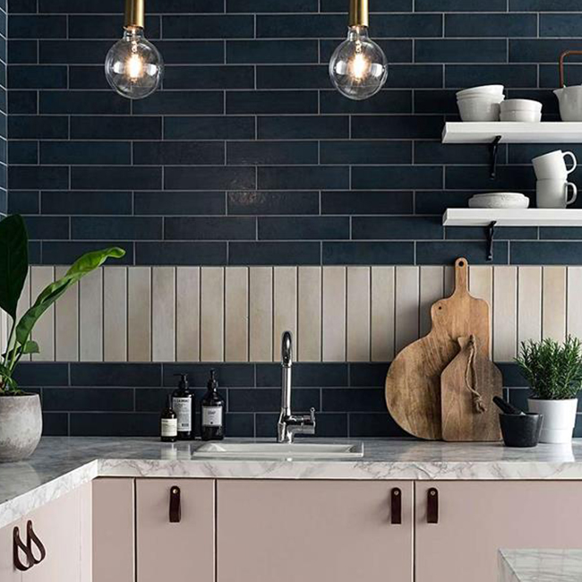 Modern Kitchen with Dark Blue Painted Tiles