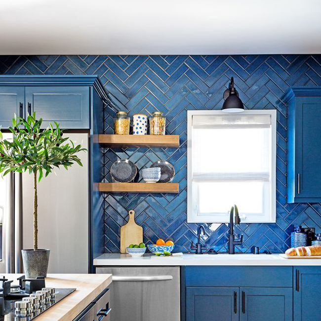 Shabby Chic Kitchen with Blue Tile Paint