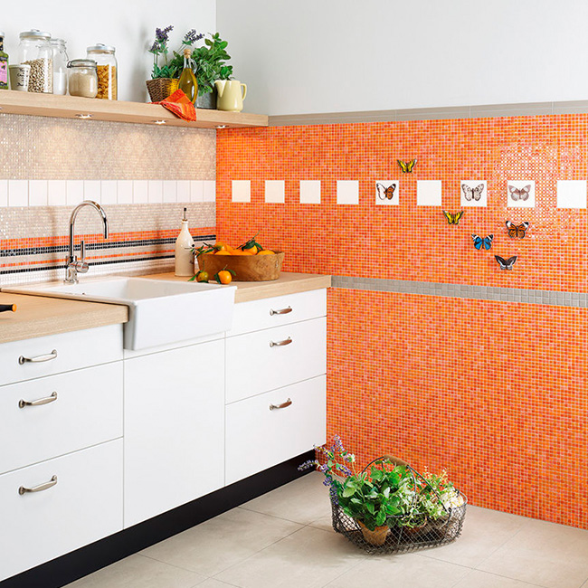 Square Orange Tile Feature Wall in Kitchen
